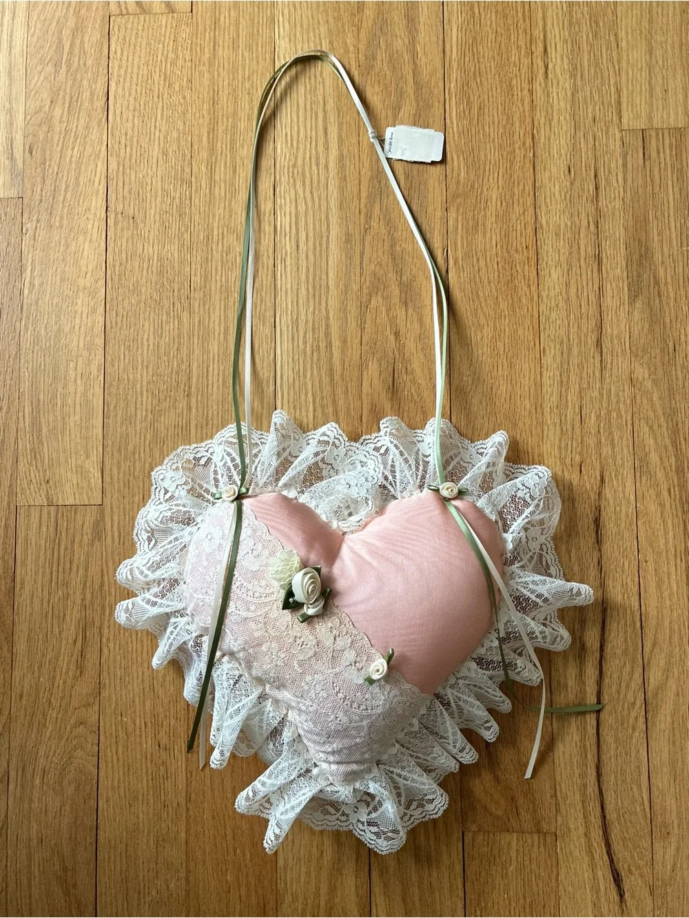NWT Saks Fifth Avenue, Antique Blush Pink Hanging Heart Pillow, England, 1980s